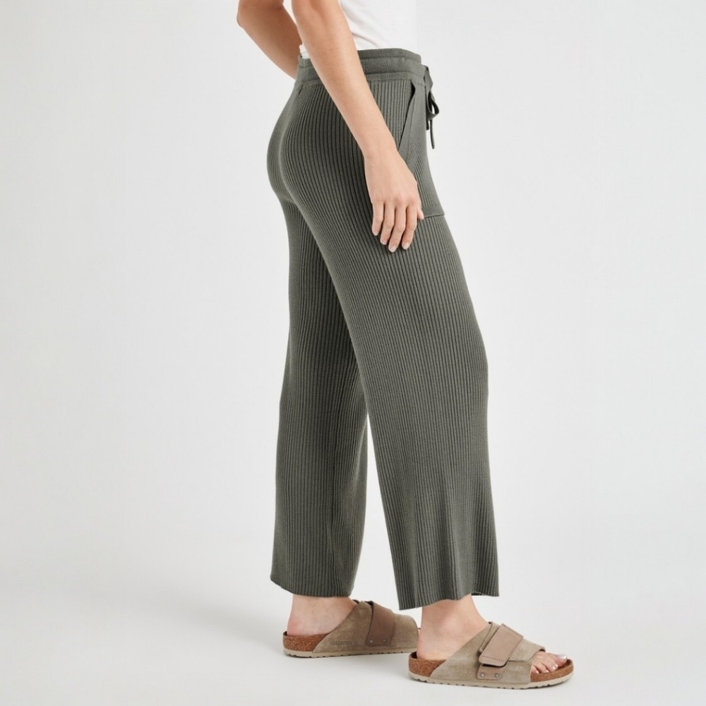 Splendid Rib Wide Leg Crop Pant In Soft Vintage Olive Branch, XL, - Picture 2 of 11